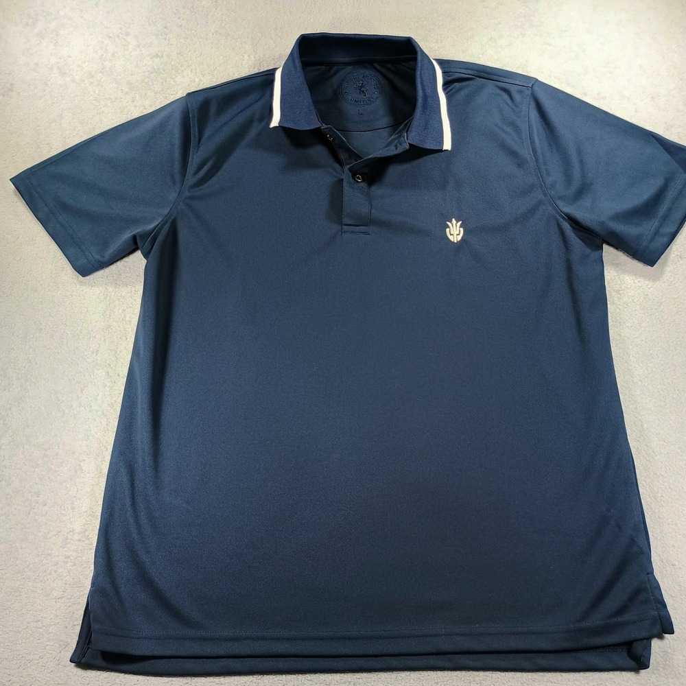 Albert Morris Mens Polo Shirt Navy Blue Large Trident Logo Performance